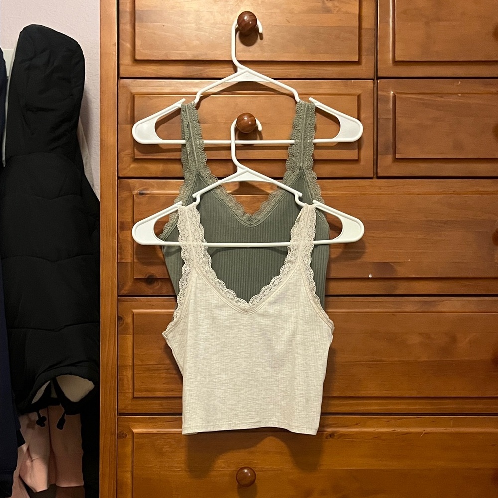 American Eagle Outfitters Lace Trim Camisole Set - Green and Cream